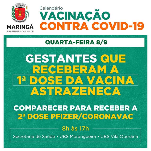 Maringá vacina público de segunda dose nesta quarta-feira (8)