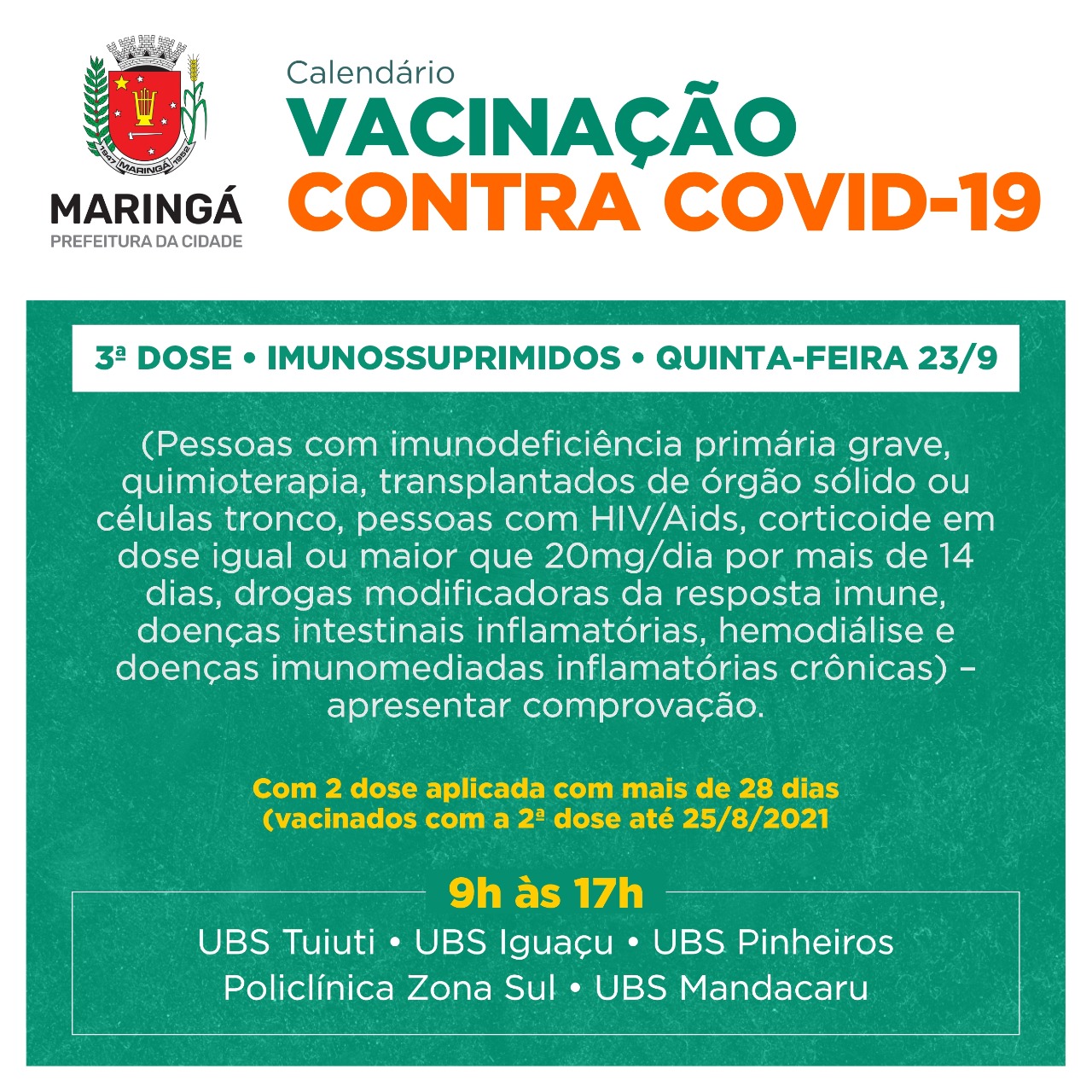Maringá inicia vacinação de 3ª dose para 90+ e imunossuprimidos nesta quinta (23)